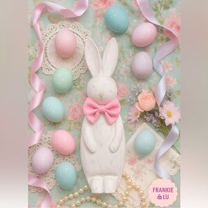 Hand Carved Wooden Easter Bunny 16” White Table Decor with Bow NWT